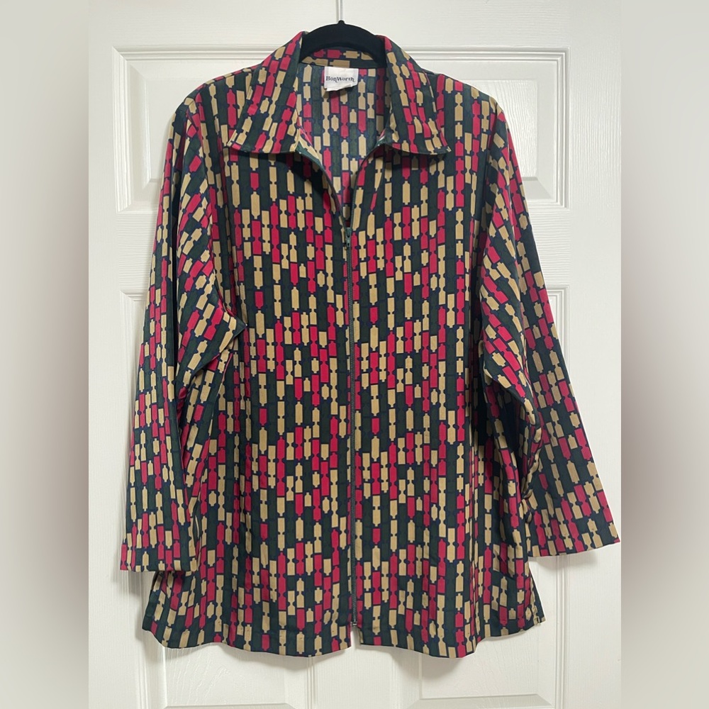 BonWorth Vintage Long Sleeves Zip Up Shoulder Pads MultiColor Geometric Blouse M